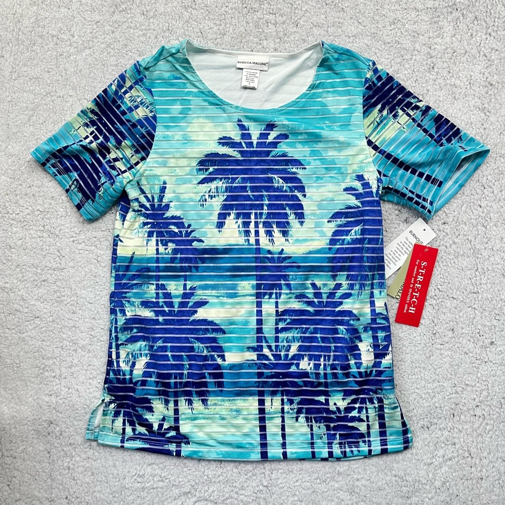 NEW Rebecca Malone Blue Palm Tree Polyester Blend Short Sleeve Shirt Size S